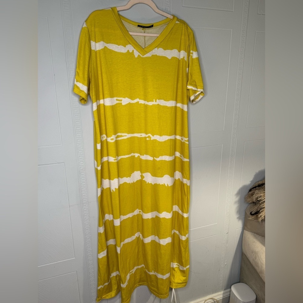 ZANZEA Women Short Sleeve Yellow White T-Shirt Summer V-Neck Dress Maxi XXXL